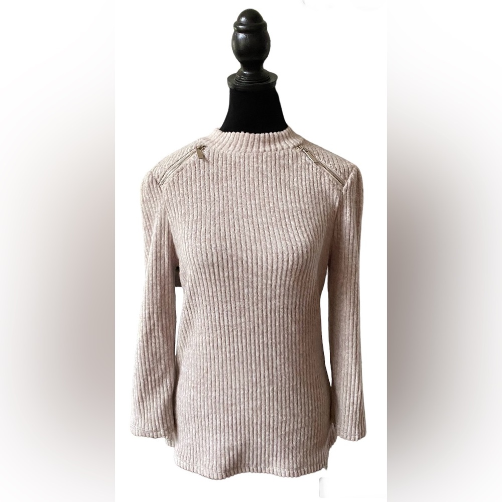 Olivia Blu: Cream Tan Soft Sweater with Zippers at Collar - Picture 15 of 17
